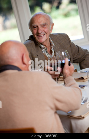 Elderly man having a meal with a friend. Chatting, happy and enjoying himself. Stock Photo