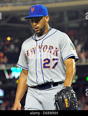 New York Mets pitcher Pedro Beato (27) walks back to the dugout after uncorking a wild pitch that allowed the Washington Nationals to score the winning run in the 10th inning at Nationals Park in Washington, D.C. on Tuesday, July 17, 2012. The Nationals won in 10 innings 5 - 4..Credit: Ron Sachs / CNP.(RESTRICTION: NO New York or New Jersey Newspapers or newspapers within a 75 mile Stock Photo