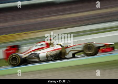 Spanish Formula One driver Pedro de la Rosa of HRT steers his car during the Qualifying session at the Hockenheimring race track in Hockenheim, Germany, 21 July 2012. The Formula One Grand Prix of Germany will take place on 22 July 2012. Photo: David Ebener dpa Stock Photo