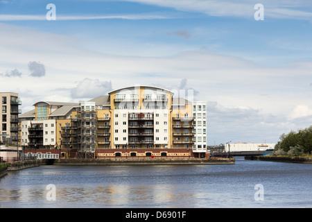 A newly built postmodern apartment block on Roath Basin in the Porth Teigr area of Cardiff Bay. Stock Photo