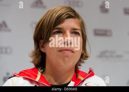 German field hockey player Natascha Keller druing a press conference in London, Britain, 25 July 2012. She will be the German flag bearer during the Olympics opening ceremony on Friday. Photo: Peter Kneffel dpa  +++(c) dpa - Bildfunk+++ Stock Photo
