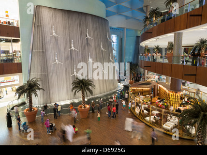 View of interior of Dubai Mall with waterfall feature in United Arab Emirates Stock Photo