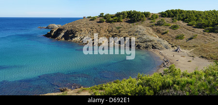 Coastal panorama over a cove with clear waters near Llanca, Mediterranean sea, Costa Brava, Catalonia, Spain Stock Photo