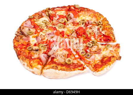 Excellent pizza with mozzarella, ham, pork, pickled peppers, olives isolated on white background Stock Photo