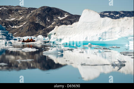 Icebergs of the Sermilik Fjord in the district of Ammassalik near Tiniteqilaaq in East Greenland, Denmark, 17 July 2012. Photo: Patrick Pleul Stock Photo