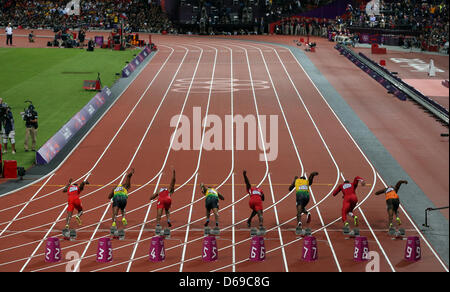 Richard Thompson of Trinidad and Tobago, Asafa Powell of Jamaica, Tyson Gay of the United States, Yohan Blake of Jamaica, Justin Gatlin of the United States, Usain Bolt of Jamaica, Ryan Bailey of the United States, Churandy Martina of the Netherlands compete in the Men's 100m final during the London 2012 Olympic Games Athletics, Track and Field events at the Olympic Stadium, London Stock Photo