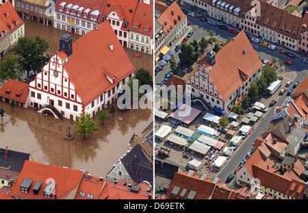 COMBINATION PICTURE - A combination picture shows the city of Grimma which has been flooded by the river Mulde on 14 August 2002 (L) and an aerial view of the city hall in Grimma, Germany, 26 July 2012. Grimma was one of the cities most affected by the flood desaster in 2002. Ten years after the flood Grimma is a flourishing town again. Photo: Jan-Peter Kasper Stock Photo