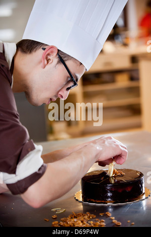 Baker decorating cake in kitchen Stock Photo