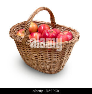 Fresh apples in wicker basket isolated on white with precise clipping path Stock Photo