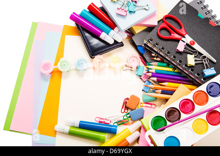 School and office stationary isolated on white. Back to school concept. Copyspace for your text Stock Photo