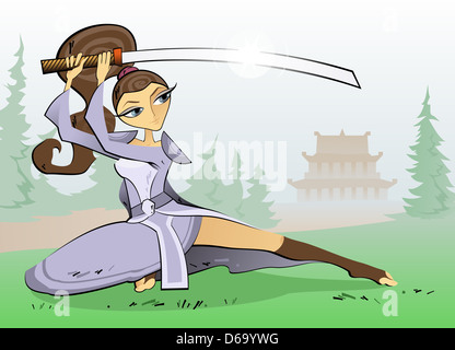 The vector illustration of the Female Warrior with Samurai Sword Stock Photo