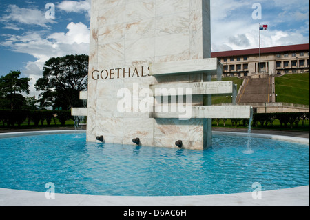 Goethals Monument below the administration building of Panama Canal Stock Photo