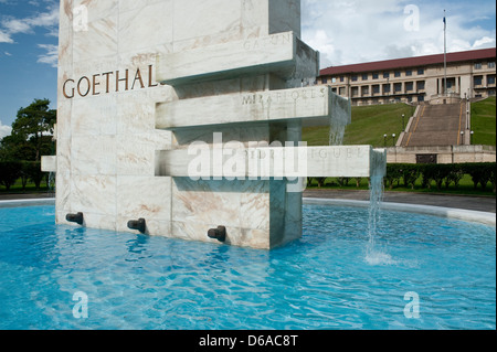 Goethals Monument below the administration building of Panama Canal Stock Photo