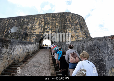 Tourists on walking tour at El Morro, San Juan National Historic Site, San Juan, Puerto Rico Stock Photo