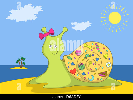 Snail with gifts on island Stock Photo