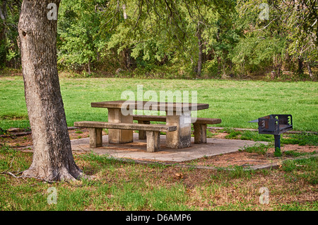 Picnic area with table and grill in the park Stock Photo