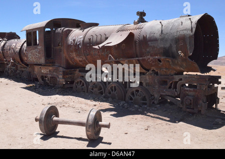 An old steam locomotive rusting away in the train graveyard near Uyuni, Bolivia Stock Photo