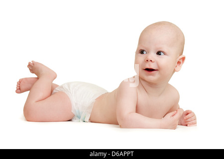 smiling baby boy lying on tummy isolated on white background Stock Photo