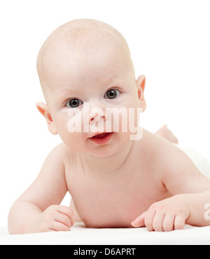 smiling baby boy lying on tummy isolated on white background Stock Photo