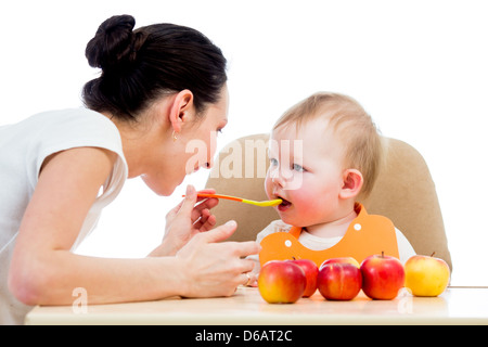 young mother spoon-feeding her baby girl Stock Photo