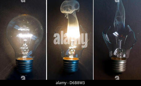 ILLUSTRATION - A composite image shows the filament of a broken 40 W light bulb lighting up once more before burning completely in Schwerin, Germany, 23 August 2012 (staged picture). From the 01. September onwards light bulbs are not commercially available anymore, due to a general prohibition of production and trade of the objects. Instead, energy-saving and halogen bulbs, as well Stock Photo