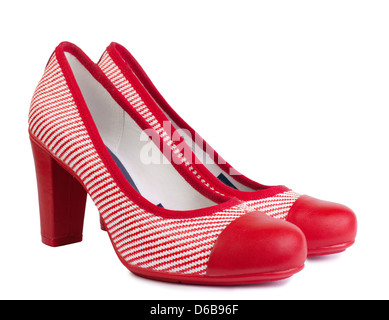 Fashionable women's high heel shoes. Pair of striped red shoes. Isolated over white background. Stock Photo