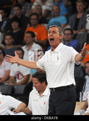 Germany's national basketball coach  Svetislav Pesic reacts during the European Basketball Chamionship qualifying match between Germany and Sweden at the ratiopharm Arena in Neu-Ulm, Germany, 24 August 2012. Photo: Stefan Puchner Stock Photo