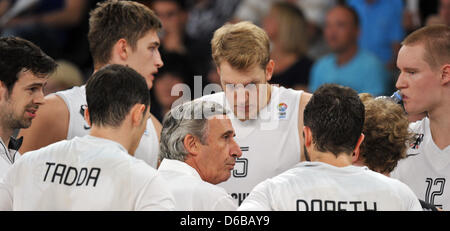 Germany's national basketball coach  Svetislav Pesic gives directions to his team during the European Basketball Chamionship qualifying match between Germany and Sweden at the ratiopharm Arena in Neu-Ulm, Germany, 24 August 2012. Photo: Stefan Puchner Stock Photo