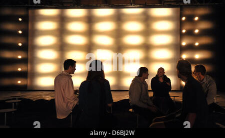 A group performance and installation designed for the Liszt Oratorium 'Via Crucis' and presented at the temporary exhibition space 'Epiphaneia' is rehearsed during the Art Festival in Weimar, Germany, 31 August 2012. US director Robert Wilson intends to turn the late work of Franz Liszt into a light and sound installation with the help of Weimar and New York students. Photo:  Marti Stock Photo