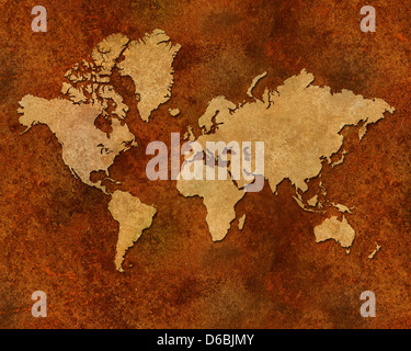 Distressed rusty metallic global map Stock Photo
