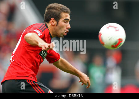 Leverkusen's Daniel Carvajal is pictured in action during the Bundesliga soccer match between Bayer 04 Leverkusen and SC Freiburg at BayArena in Leverkusen, Germany, 01 September 2012. Photo: KEVIN KUREK   (ATTENTION: EMBARGO CONDITIONS! The DFL permits the further utilisation of up to 15 pictures only (no sequntial pictures or video-similar series of pictures allowed) via the inte Stock Photo