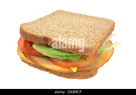 A whole wheat sandwich with tofu smoked turkey tomatoes and lettuce. Stock Photo