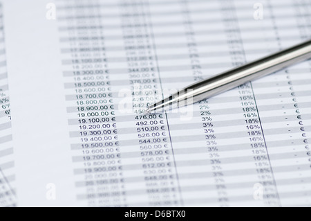 Business concept - pen on the background of spreadsheet, toned image. Stock Photo