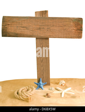 Signboard on the beach with shells isolated Stock Photo