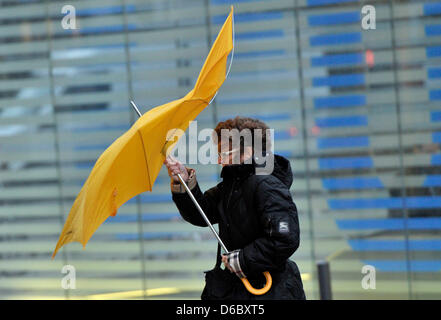 A woman fights against hurricane-force winds with her umbrella in the city centre of Frankfurt Main, Germany, 05 January 2012. With wind speeds of more than 110 km per hour storm front 'Andrea' causes trouble in Germany. Photo: Boris Roessler Stock Photo