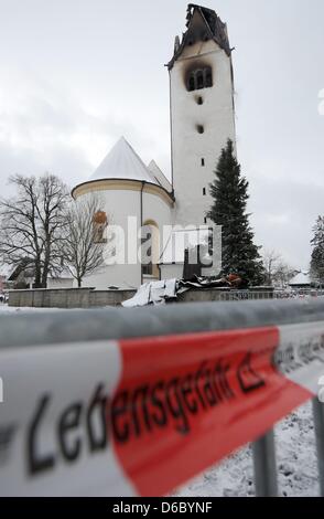 The burned out church tower of St. Nicholas Church is pictured in Wald, Germany, 06 January 2012. According to police reports, the cause of the fire was probably lightning. More than 200 firemen battled the fire. Photo: PATRICK SEEGER Stock Photo