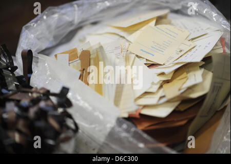 Files magnetic tapes destroyed by the Stasi are on display at an exhibition in Haus 1 at the Stasi site at Normannenstraße in Berlin, Germany, 11 January 2012. The former Stasi headquarters has been renovated for 11 million euros to the specifications of monument preservation. The museum is supposed to give a detailed picture of the spy system of the former SED regime. Photo: HANNI Stock Photo