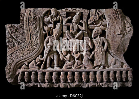 Goddess Parvati refusing to listen to Shiva's proposals pediment fragment 13th century AD Khmer Bayon style Preah Pithu Angkor Stock Photo