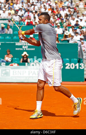 MONTE CARLO, MONACO - APRIL 16: Jo-Wilfried Tsonga of France in action during the second round match with Nikolay Davydenko of Russia (not pictured) on day two of the ATP Monte Carlo Masters, at Monte-Carlo Sporting Club on April 16, 2013 in Monte-Carlo, Monaco. (Photo by Mitchell Gunn/ESPA) Stock Photo