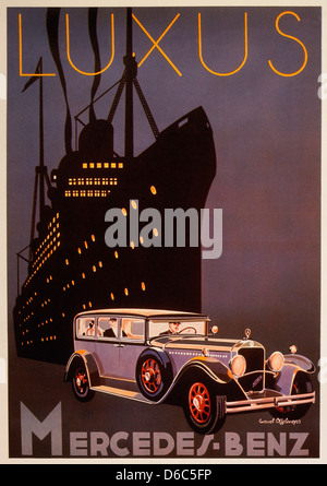 Cruise Ship and Automobile at Night, Mercedes-Benz Advertisement, Circa 1929 Stock Photo