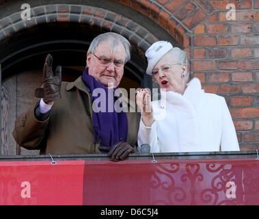 Danish Queen Margrethe and Prince Consort Henrik (L) on the balcony of the City Hall in Copenhagen, Denmark, 14 January 2012. Danish Queen Margrethe II celebrates 40 years on the throne on 14 January. Photo: Patrick van Katwijk / NETHERLANDS OUT Stock Photo