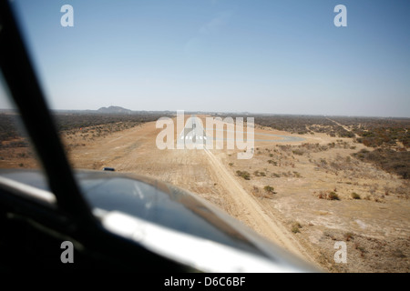 Landing at Francistown airport Botswana Africa view of runway from the cockpit Stock Photo
