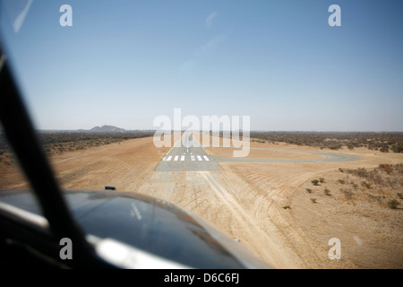 Landing at Francistown airport Botswana Africa view of runway from the cockpit Stock Photo