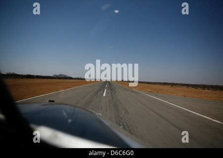 Landing at Francistown airport Botswana Africa view of runway from the cockpit Stock Photo