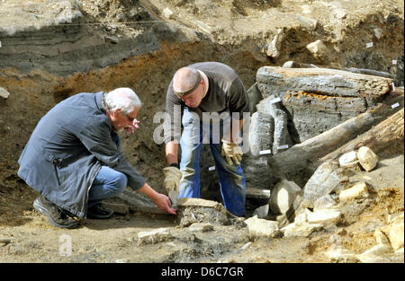 Head of the excavation project, Lothar Klappauf (L), and assistant Jens Jansen work at the site of the discovery of a mining gallery in Goslar, Germany, 06 September 2012. Archaeologists dicsovered a more than 700 year old mining gallery, which was secured with wood, at the waste disposal site of the historic Harz mining area at Rammelsberg mountain. A mining gallery og comparable  Stock Photo