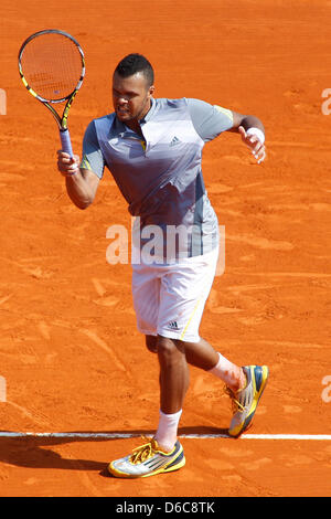 April 16, 2013 - Monte Carlo, Monaco - MONTE CARLO, MONACO - APRIL 16: Jo-Wilfried Tsonga of France in action during the second round match with Nikolay Davydenko of Russia (not pictured) on day two of the ATP Monte Carlo Masters, at Monte-Carlo Sporting Club on April 16, 2013 in Monte-Carlo, Monaco. (Photo by Mitchell Gunn/ESPA) Stock Photo