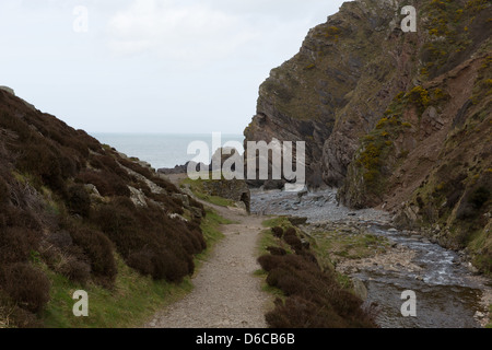 Heddon Valley Exmoor National Park Devon leading to beach at Heddons Mouth.  Surrounded by hills of Peter Rock and Highveer Stock Photo