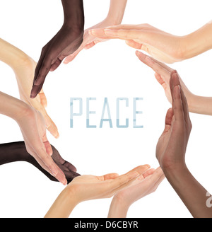 Conceptual symbol of multiracial human hands making a circle on white background with a copy space in the middle Stock Photo