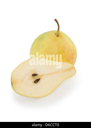 Whole and half fresh yellow pear over white Stock Photo