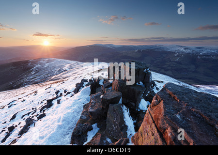 Sunset seen from the summit of Sugar Loaf. Brecon Beacons National Park. Monmouthshire. Wales. UK. Stock Photo